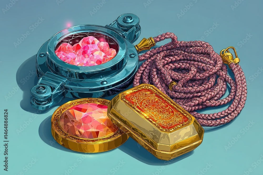 Poster treasure chest filled with colorful gems and intricate rope displayed on a simple background