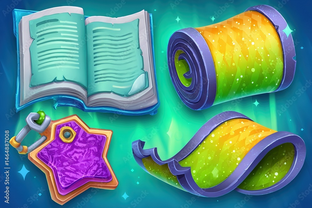 Poster colorful magical scrolls and an open book displayed against a glowing backdrop showcasing enchanting