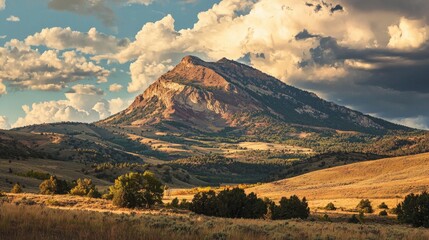 Dramatic mountain peak rising above a golden valley landscape.