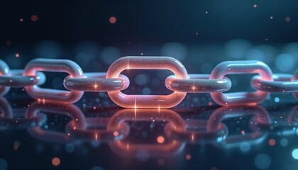Close-up of glowing digital chain links with sparkling effects on dark background