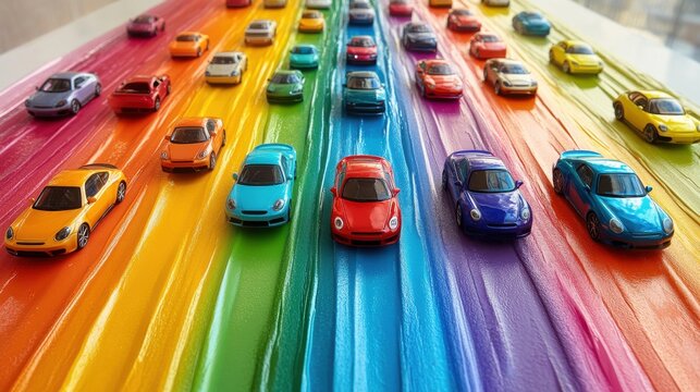 A creative flat lay of Hot Wheels cars organized by color on a white background