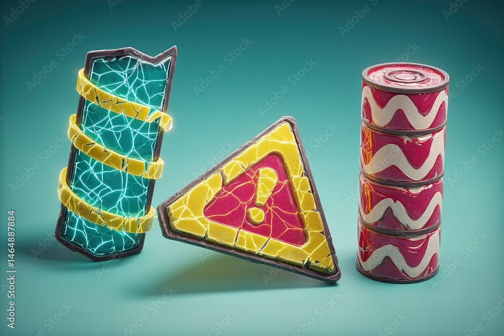 Poster colorful warning symbols and decorative items displayed on a vibrant background creating an artistic