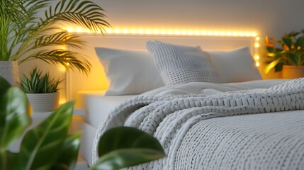 Cozy bedroom interior with warm lighting and plants.