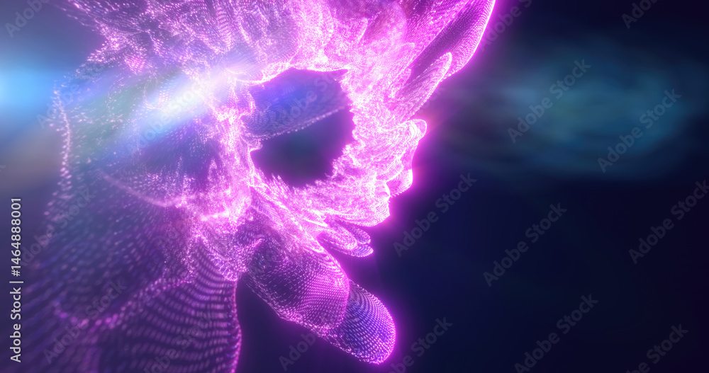 Poster abstract purple stream of light with digital textures, creating a dynamic energy effect in a dark sp