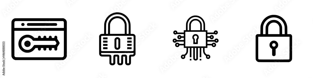 Poster digital security icons representing password protection and encryption technologies in a modern desi