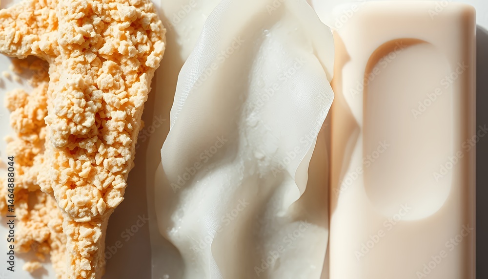 Poster three varied textures golden crumble translucent sheet pale cream block in macro still life composit
