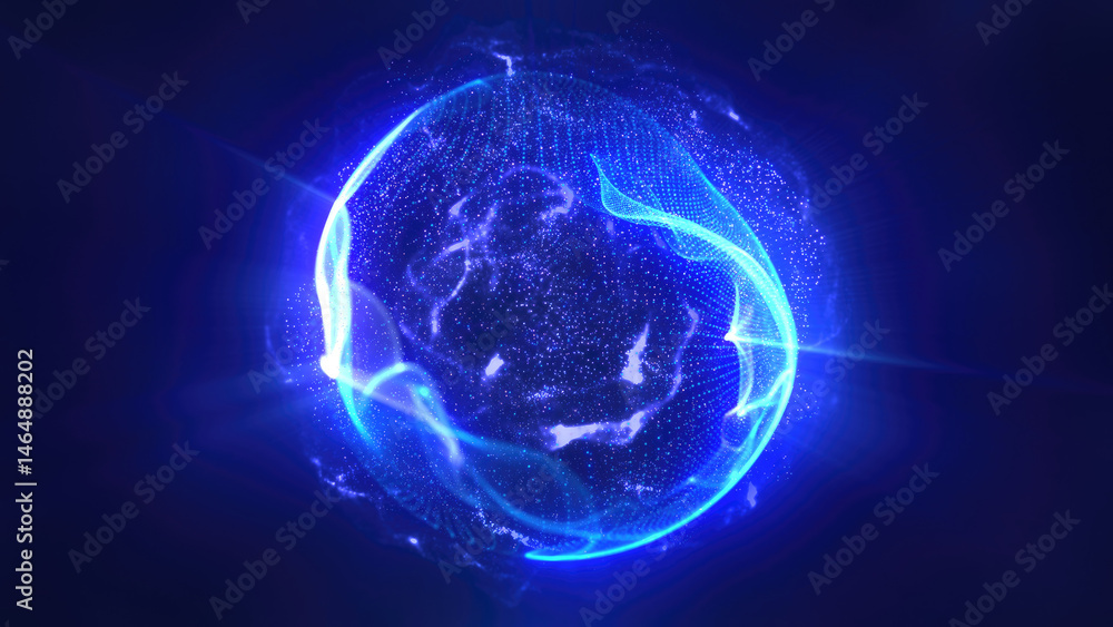 Poster glowing blue energy sphere with fluid patterns in a dark abstract space futuristic background