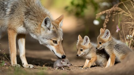 Obraz premium A Coyote family moment: mother and pups, a tender scene of a family. The adult coyote seems to be examining the mouse given to pups