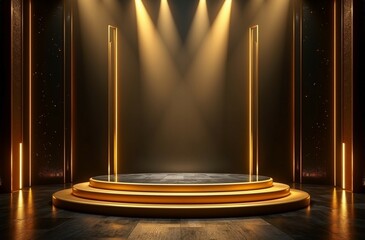 "Luxury Futuristic Stage Design with Glossy Black Floor and Dramatic Lighting in Blue, Red, Gold, and Silver"
