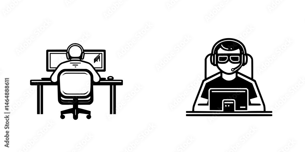 Poster vector illustration of two people engaged in computer activities in a minimalistic style, showcasing