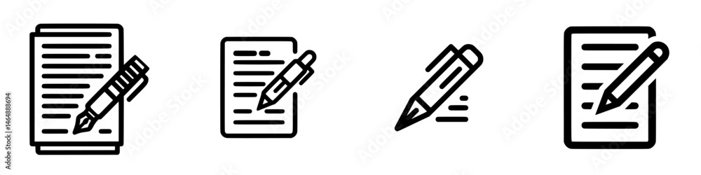 Poster set of four vector illustrations depicting writing tools and note-taking activities in a minimalist 