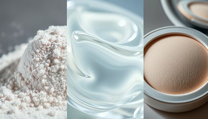 Triptych of White Powder Iridescent Liquid and Beige Face Powder Compact Featuring Cosmetic Beauty Products on Soft Background