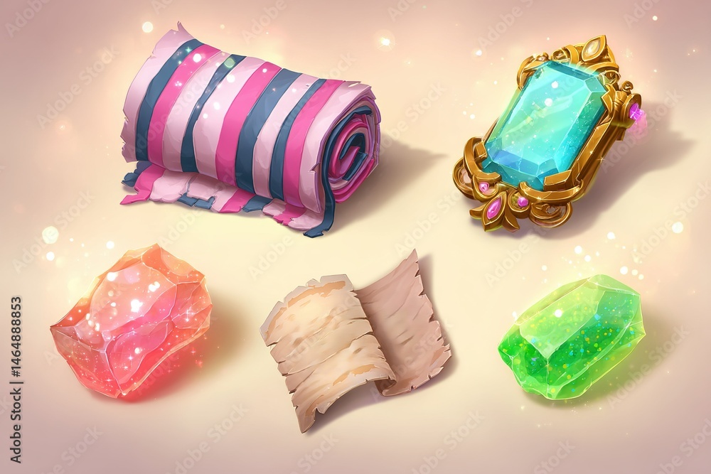 Poster colorful array of crafting materials displayed on a soft, textured surface for game character creati