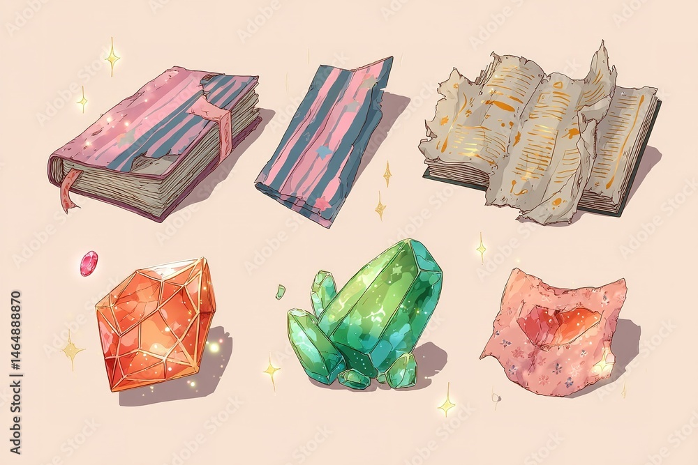 Poster colorful collection of magical items and artifacts displayed on a soft background showcasing creativ