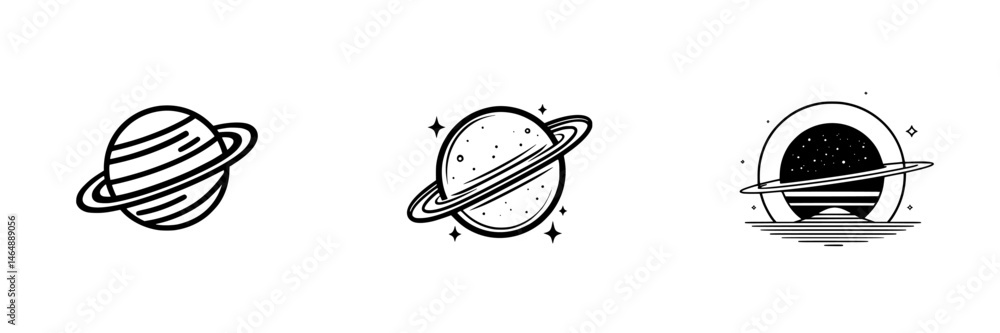 Poster vector illustration icons depicting three different styles of planets featuring rings and celestial 