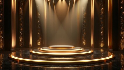 "Luxury Futuristic Stage Design with Glossy Black Floor and Dramatic Lighting in Blue, Red, Gold, and Silver"