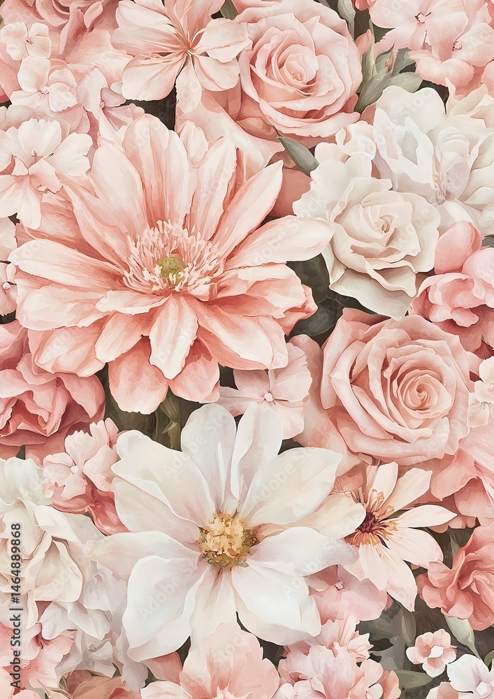 Poster a delicate floral pattern composed of an array of roses and dahlias
