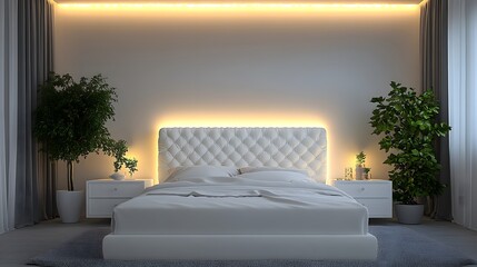 Modern bedroom interior illuminated with subtle lighting.