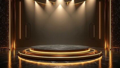 "Luxury Futuristic Stage Design with Glossy Black Floor and Dramatic Lighting in Blue, Red, Gold, and Silver"