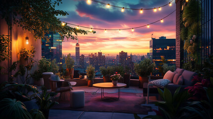 Cozy rooftop garden at sunset with city skyline view  