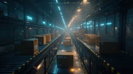 A dimly lit warehouse with rows of conveyor belts transporting boxes, creating a sense of depth and industrial atmosphere.