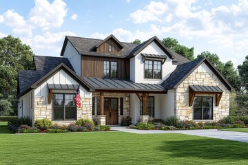 Beautiful San Antonio style home in Texas with Texas flag, two-story modern farmhouse, stone and wood accents, large front yard, and professional architectural rendering.