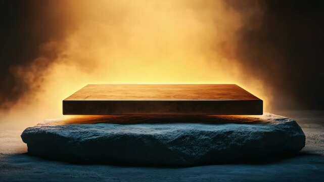 Wooden platform levitation above stone with glowing warm light and smoky background ambiance