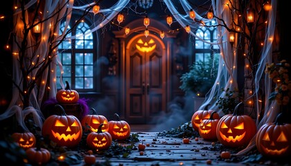 spooky halloween party setting, tangled cobwebs, carved pumpkins, eerie orange lights, festive ambiance, 4k resolution