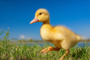 Obraz premium A bright yellow duckling walking in the sun on green grass. Simple and joyful — perfect for children’s content or seasonal designs.
