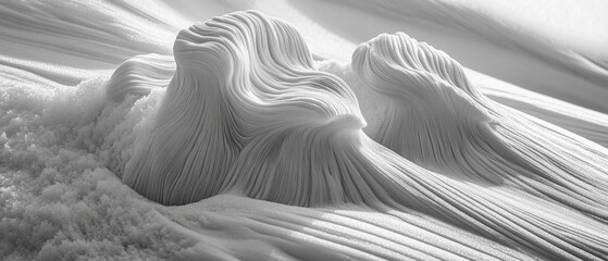 Obraz premium Abstract sculpted forms in grayscale. Layered, undulating textures resembling mountains or waves. Intricate folds and ridges create a sense of depth and movement