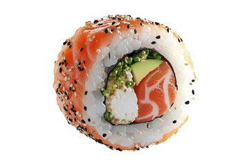 Salmon sushi roll filled with avocado and cucumber, isolated on white transparent background, concept of Japanese cuisine freshness