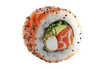 Salmon sushi roll filled with avocado and cucumber, isolated on white transparent background, concept of Japanese cuisine freshness