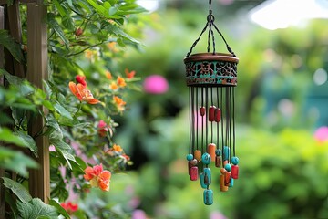 Colorful wind chime hanging in a garden