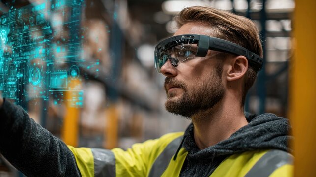 A man in a safety vest uses augmented reality glasses to interact with digital information in a warehouse setting.