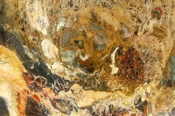 Abstract close-up of a natural stone surface with earthy tones and patterns, artistic detail