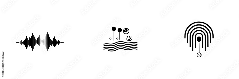 Poster vector illustration icons depicting sound waves, water elements, and abstract visual patterns in a m