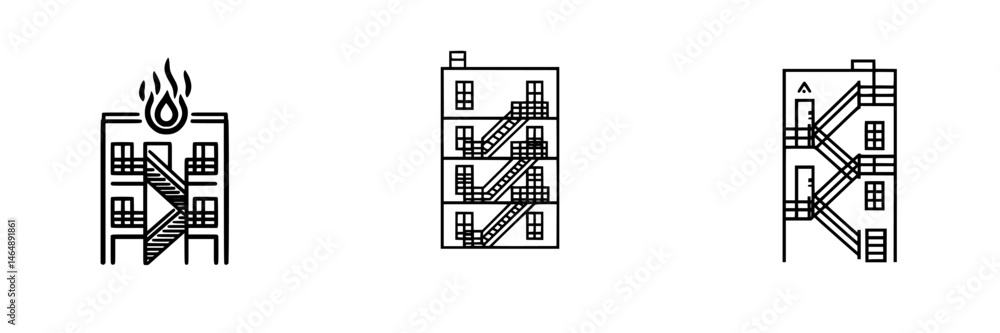 Poster fire safety icons featuring a building with a flame and two variations of a structure with fire esca