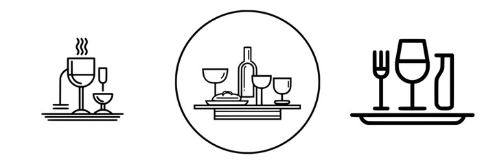 Vector illustration icons of dining elements featuring drinks, food, and utensils for restaurant design and menu layouts