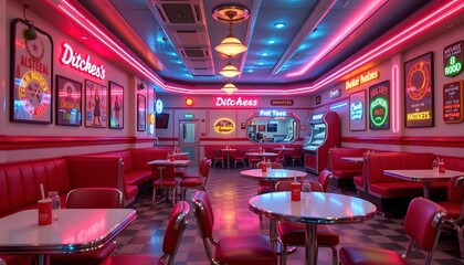 retro futuristic diner backdrop, chrome furniture, neon signs, nostalgic ambiance, 4k resolution