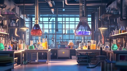 A bright chemistry lab with flasks, beakers, and experimental setups