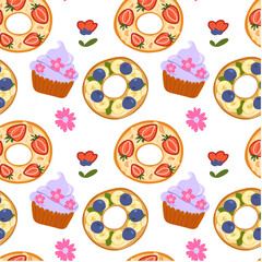 Cupcake background. Bright pattern sweet cupcake and bagels with berry and cream. Vector pattern  