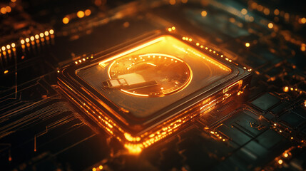 Bitcoin integrated in glowing digital microchip
