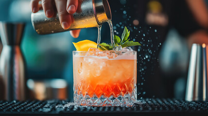 Close-up of a bartender pouring a refreshing cocktail in a lively bar setting