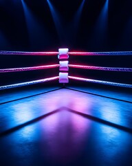 Illuminated boxing ring, vibrant purple and blue lighting