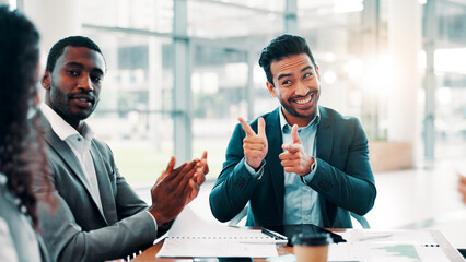 Finger guns, smile and businessman with meeting, applause and achievement celebration in office....