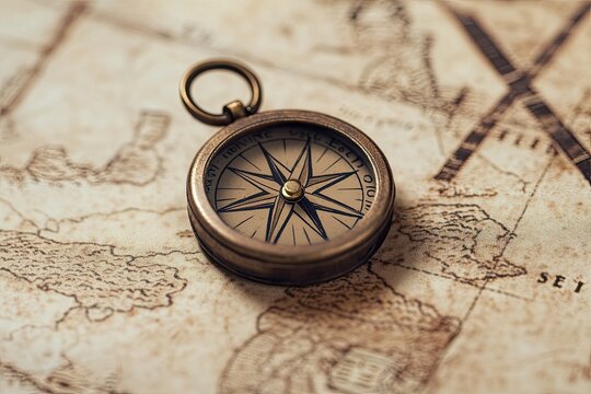 Antique compass on aged map