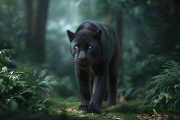 Obraz premium Black Panther Silently Stalking Through the Jungle