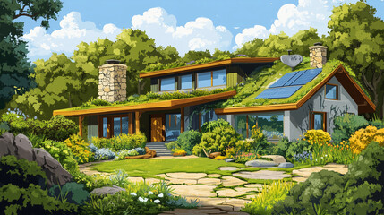 Fototapeta premium Energy-Efficient House Surrounded by Lush Greenery 