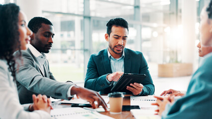 Business, people or meeting with tablet for planning, campaign management or project feedback in office. Company team, man leader or paperwork at tech for brainstorming, finance review or information