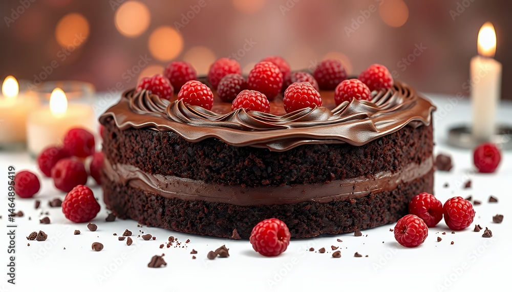 Poster chocolate layer cake topped with fresh raspberries and lit candles with bokeh background